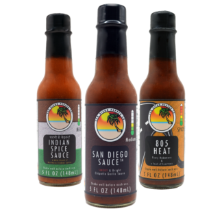 Three bottles of San Diego Pepper Company sauces