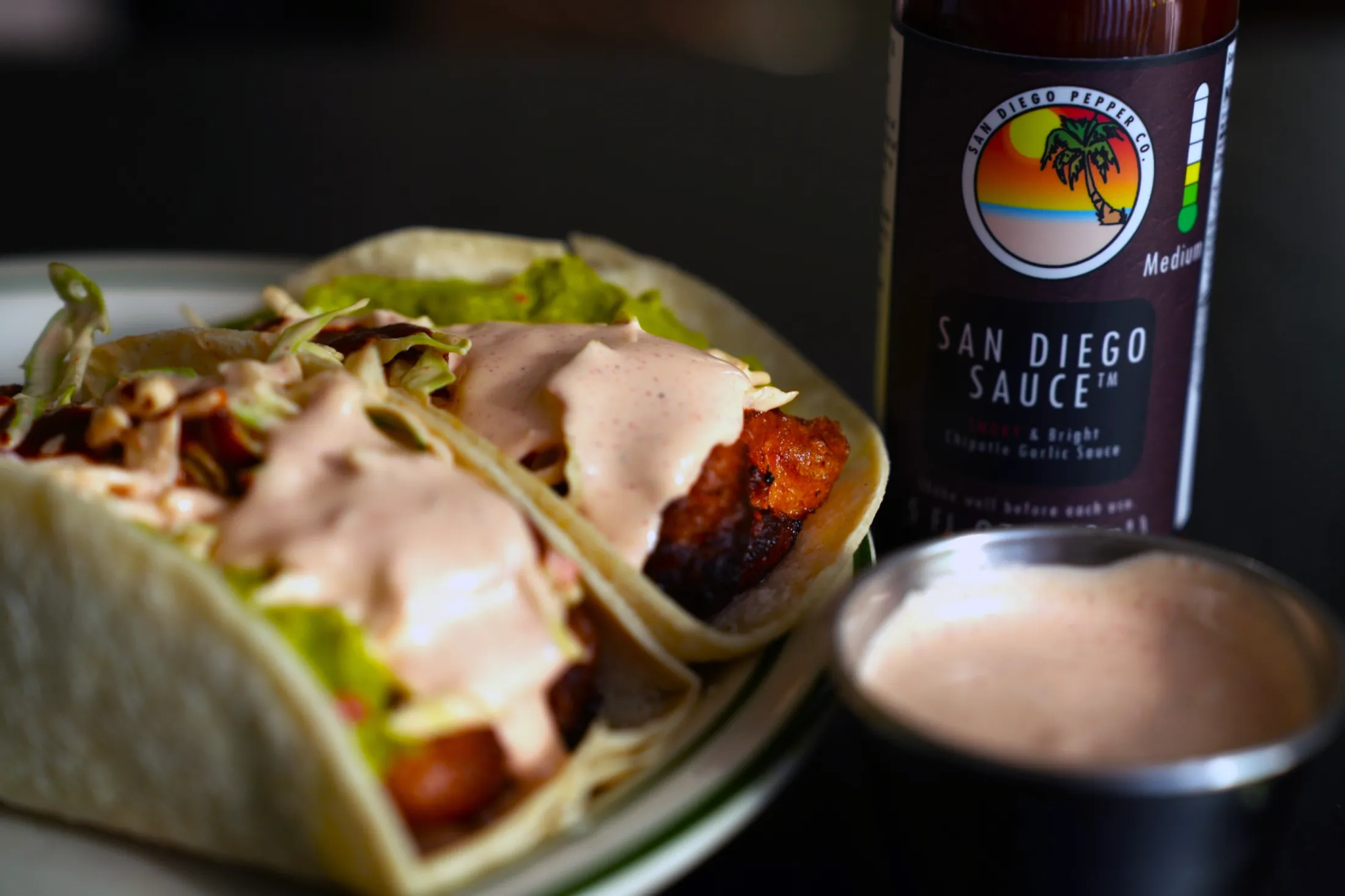 San Diego beer-battered Fish Tacos made with San Diego Sauce